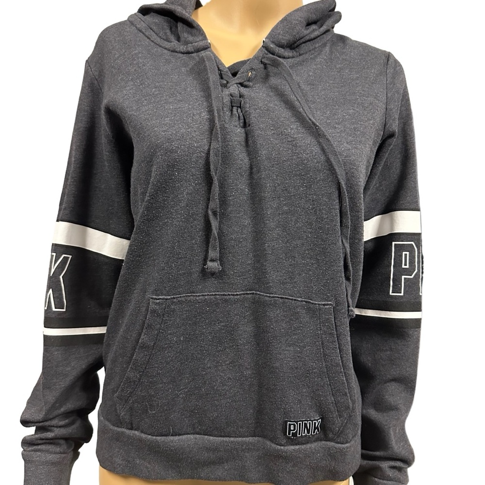 Pink Victorias Secret Gray White Lace Up Kangaroo Pocket Hoodie Sweatshirt XS